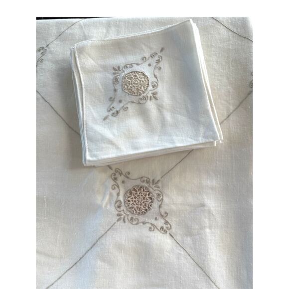 Rare Vintage Italian Ivory Linen Needlelace Tablecloth Set with 12 Napkins - Picture 8 of 9